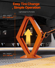 VEVOR jack fully extended demonstrating maximum 17.1-inch lift reach