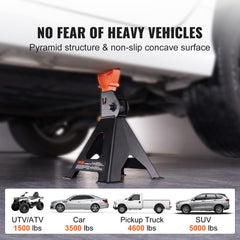 VEVOR jack stands beside tape measure illustrating adjustable height range