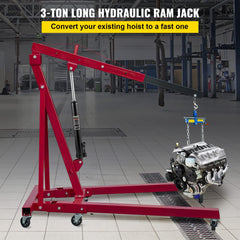 VEVOR long ram jack mounted on an engine hoist demonstrating easy retrofit