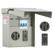 VEVOR front view of outdoor power panel showing durable housing and label benefit