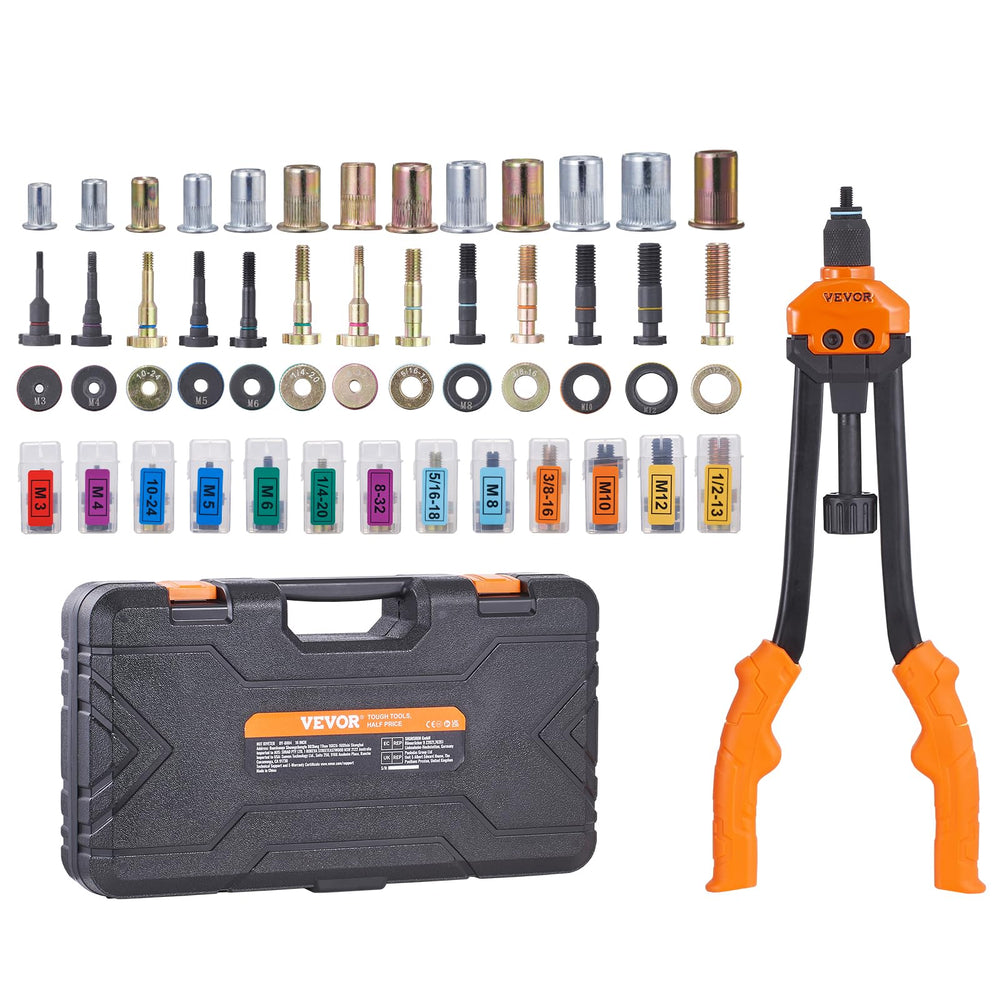 VEVOR front view of rivet nut tool showing full-length leverage and quick installation benefit