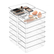 VEXTHYX front view of 14-pack clear drawer organizers showing neat storage benefits