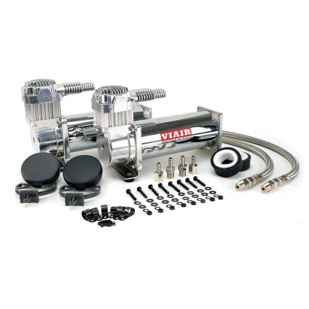 VIAIR 444C dual-pack chrome front view showing compact units and fast-fill benefit