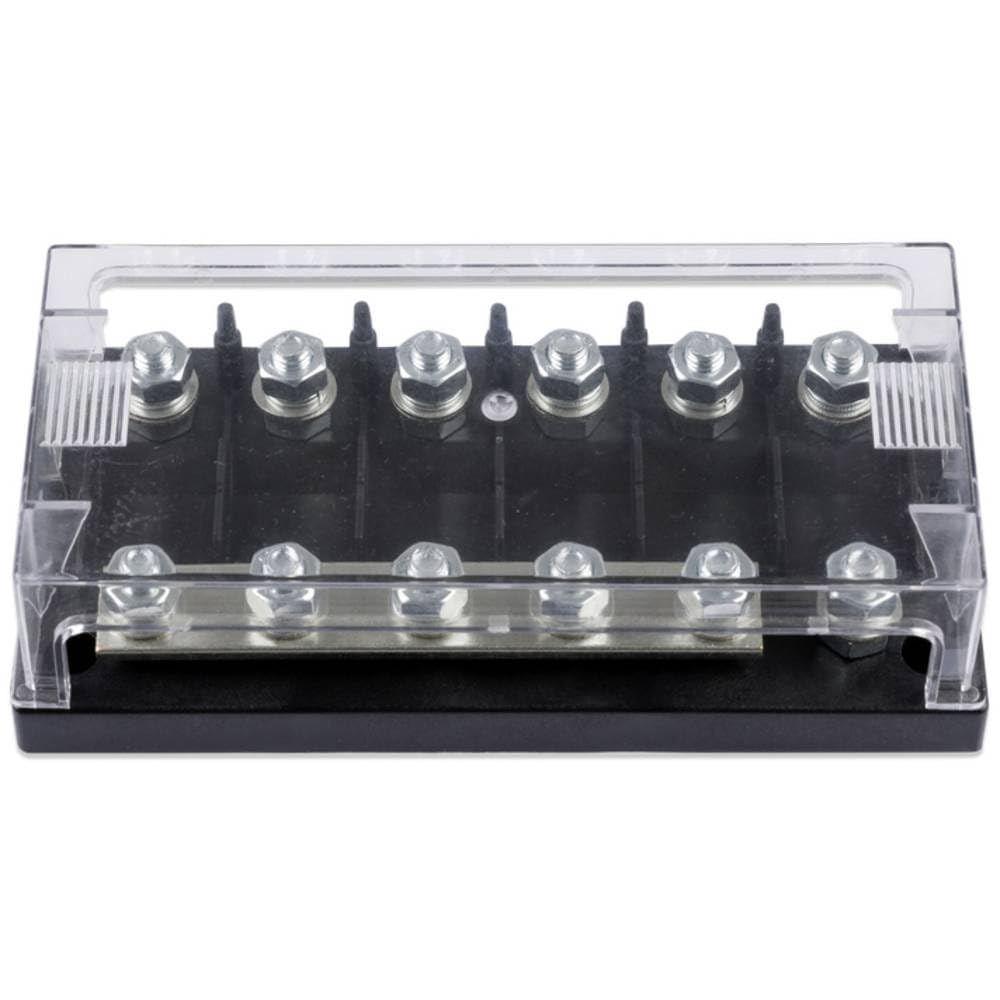 Victron Energy 6-way MEGA fuse holder front view showing six fuse positions and organized cable layout for safe distribution