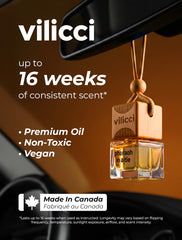 Vilicci label close-up showing scent notes and clear product information benefit