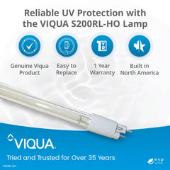 Viqua S200RL-HO packaging label highlighting authentic replacement benefit