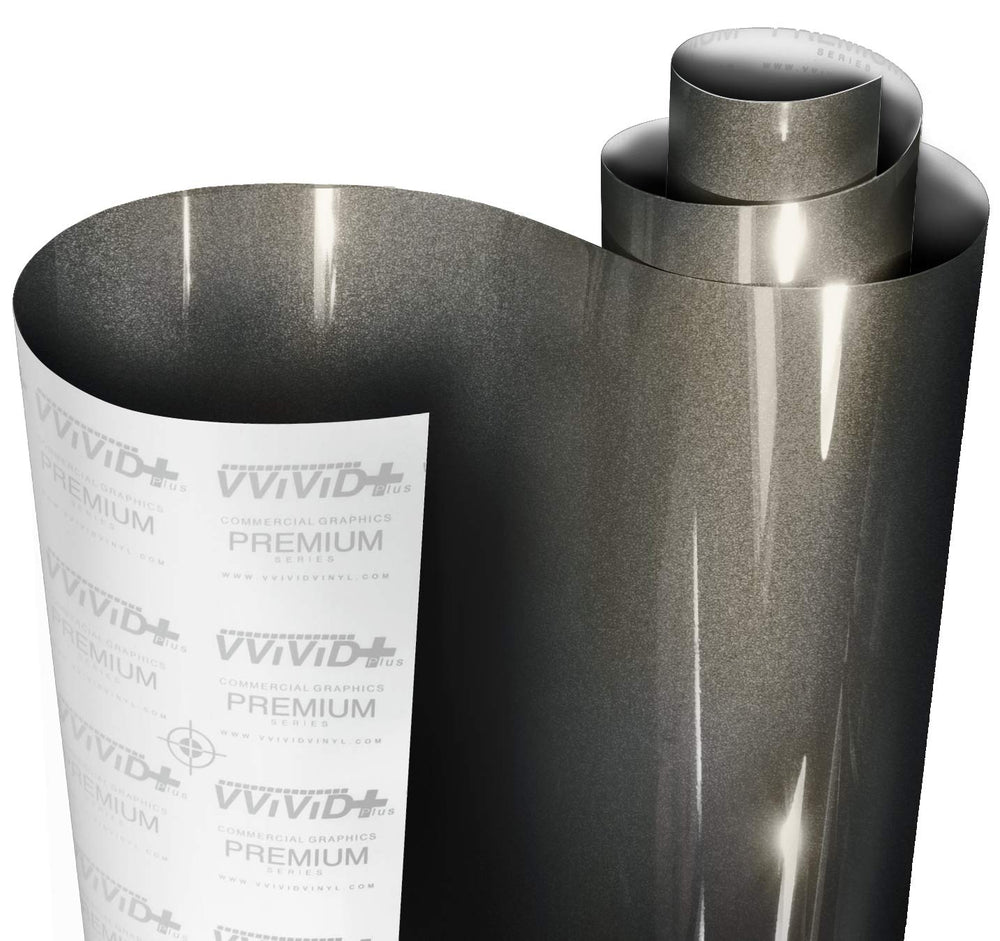 VViViD roll front view showing charcoal metallic gloss and precise edges for clean installs