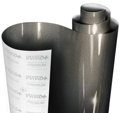VViViD roll front view showing charcoal metallic gloss and precise edges for clean installs