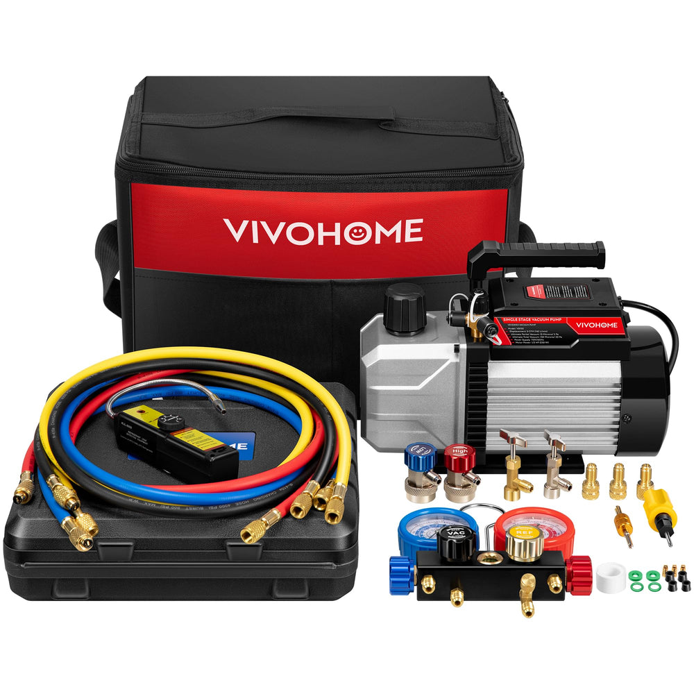 VIVOHOME front view showing pump and manifold for portable AC servicing