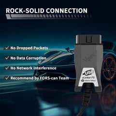 vLinker USB cable detail demonstrating fast, stable USB data link