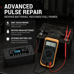 Voltstar top label close-up showing specifications and battery-type icons for clarity