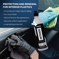 Microfiber cloth applying Vonixx protectant offering quick, streak-free coverage