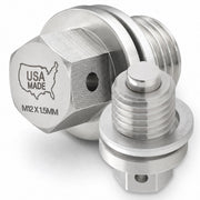 Votex front view of stainless steel drain plug showing machined finish and fitment benefit