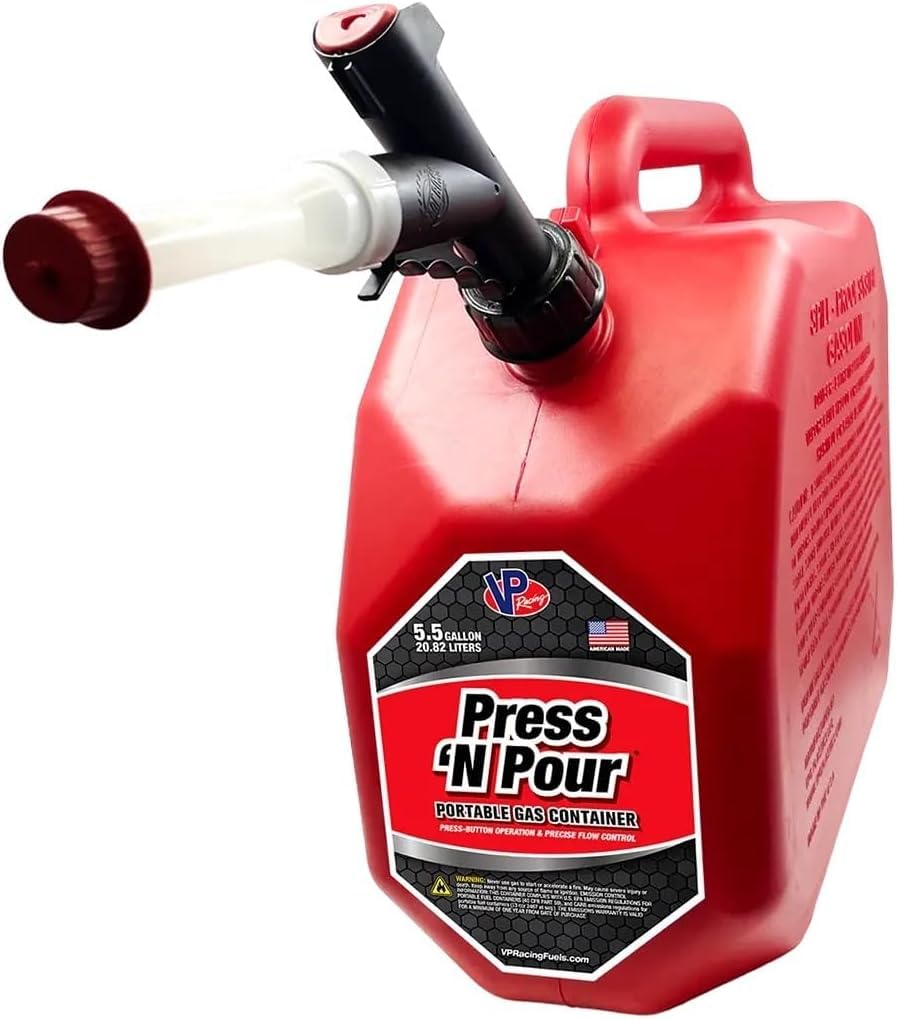 VP Racing red gas can front view showing capacity and durable build