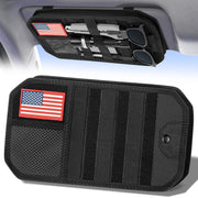 Vutirp front view of visor organizer showing pockets and zipper benefit of organized storage