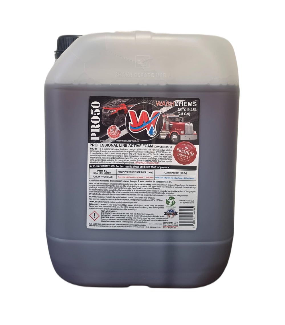 W Pro50 front label on 2.5 gallon jug showing product identity and volume