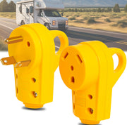 Wadoy front view of 30A RV plug showing prongs and secure fit benefit