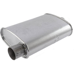 Walker muffler weld detail highlighting spot-welded bushings stability benefit
