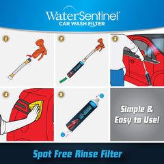 WaterSentinel attached to hose rinsing a car for spotless, streak-free finish benefit