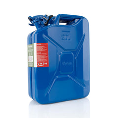 Wavian blue jerry can front view showing durable design and secure carry benefit