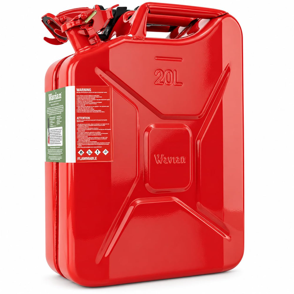 Wavian front view red jerry can showing sturdy build and clear marking for safe storage