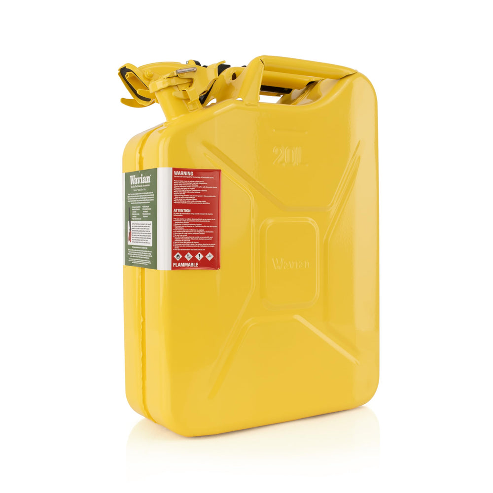 Wavian front view yellow jerry can showing durable steel body and ergonomic handle benefit rugged storage