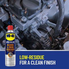 WD-40 Specialist spraying at engine bay showing five-foot reach for remote cleaning