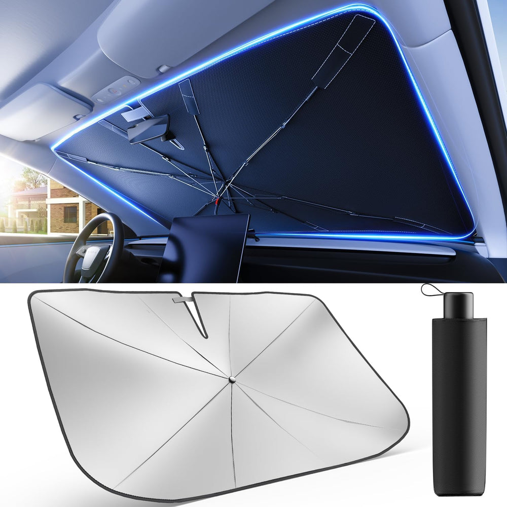 weektic front view umbrella sunshade showing full windshield coverage and cooling benefit