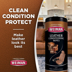 Weiman wipes being used on a car seat showing fast cleaning and conditioning benefit
