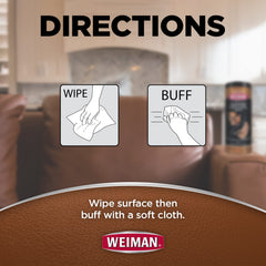 Weiman wipes cleaning a leather sofa in a living room demonstrating protection and upkeep