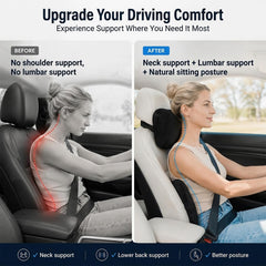WELBRIT neck pillow mounted on headrest demonstrating improved head support