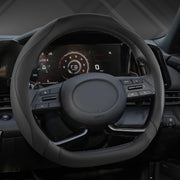 West Llama front view of flat-bottom steering wheel cover showing fit benefit