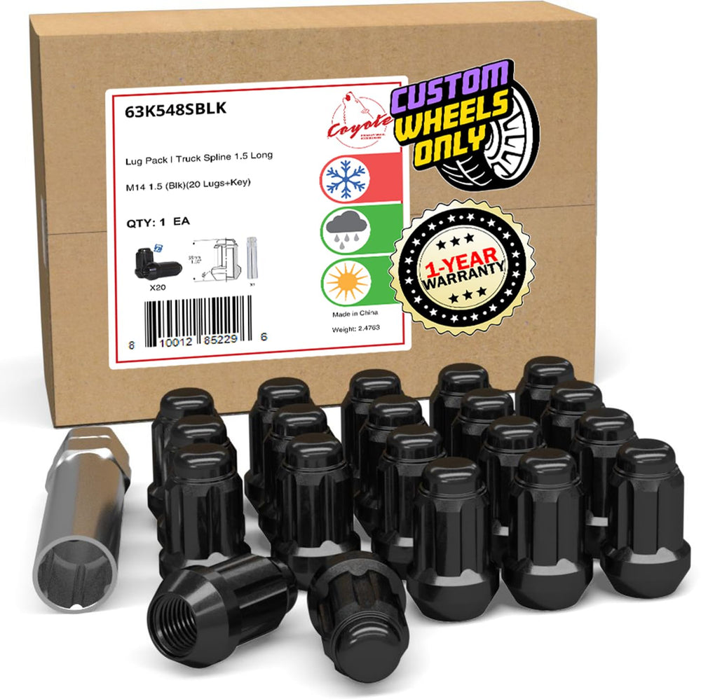Wheel Accessories Parts front view of 20-piece lug nut set showing neat packaging and black finish benefit
