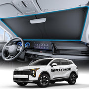 Wigoo front view of sunshade packaging showing custom Sportage fit and quick install benefit