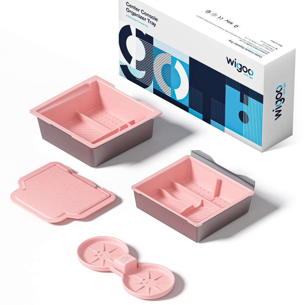 Wigoo front view of pink console organizer showing tidy compartments and quick access