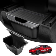 Wigoo front installed in Tesla Model Y showing tidy backseat storage benefit