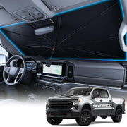 Wigoo front view installed in Silverado 1500 showing full windshield coverage and sun protection