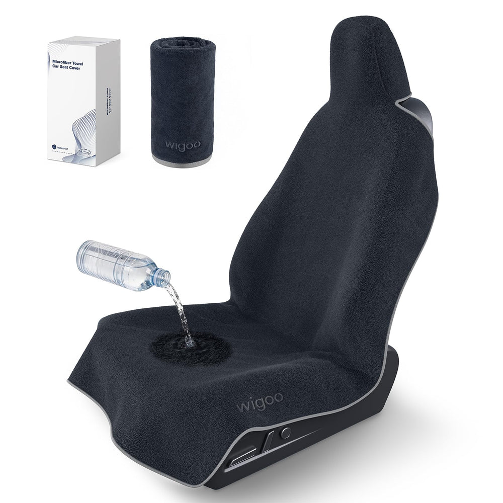Wigoo front view of black towel seat cover protecting full seat — keeps seats dry