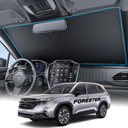 Wigoo front view installed on Forester windshield showing full coverage and cooling benefit