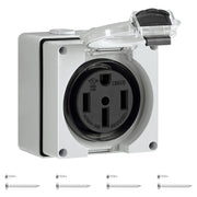 WILAWELS front view of outdoor outlet box showing weatherproof cover and mounting points for reliable protection