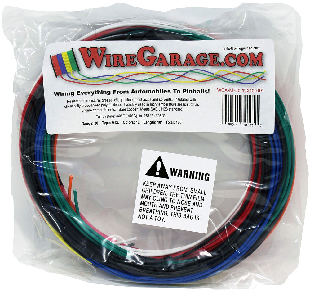 WireGarage GXL 20 AWG coil front view showing color-coded lengths and durable insulation