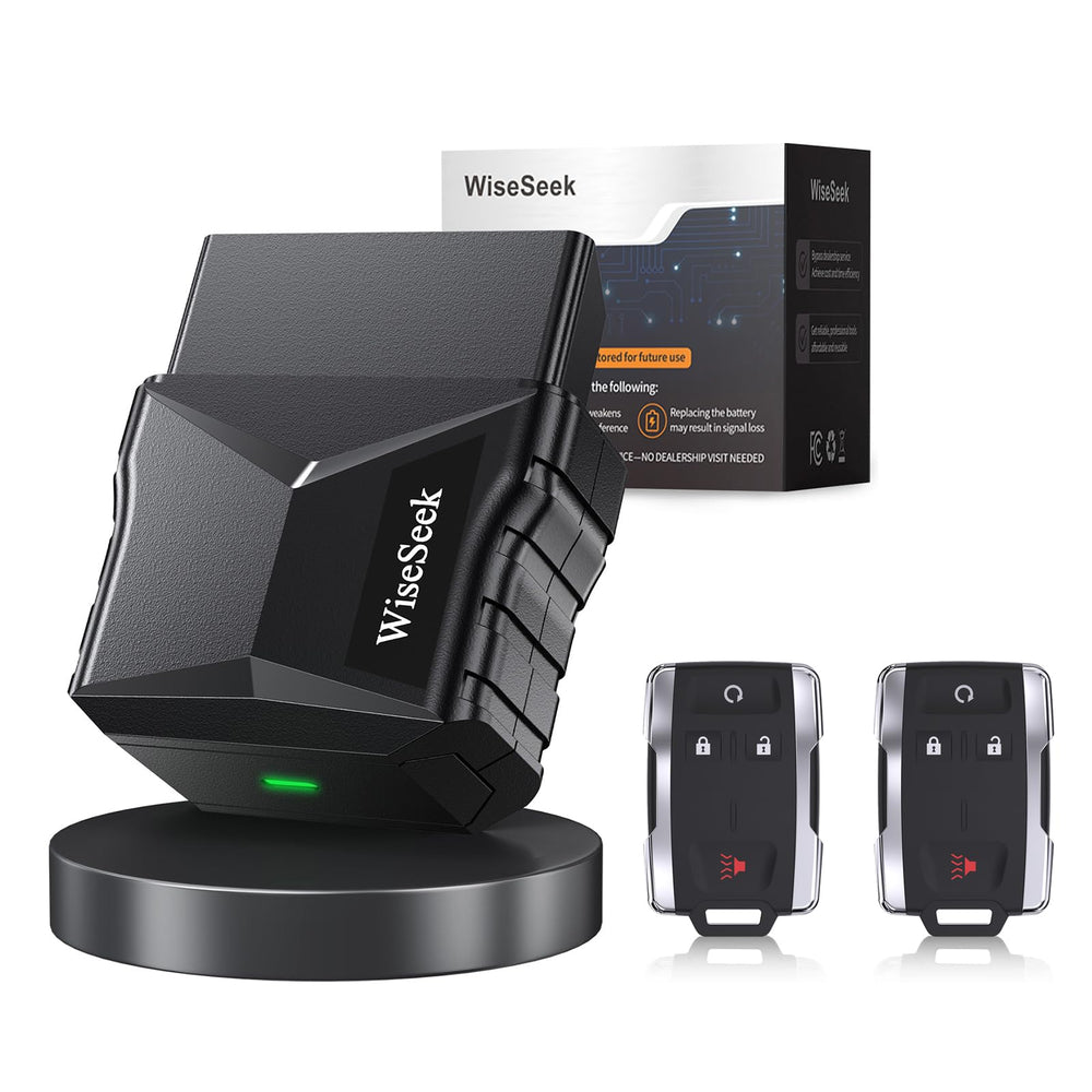 WiseSeek front packaging showing two key fobs and box, clear visual of included items