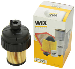 WIX 33976 front view showing label and threaded base, protects fuel system