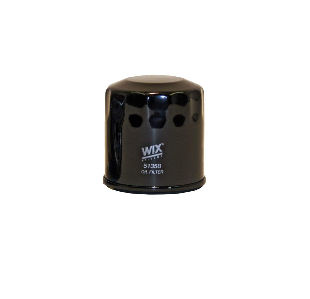 WIX 51358 filter front view showing label and threaded opening for quick install