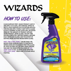 Wizards applied on tire sidewall to restore color and minimize sling