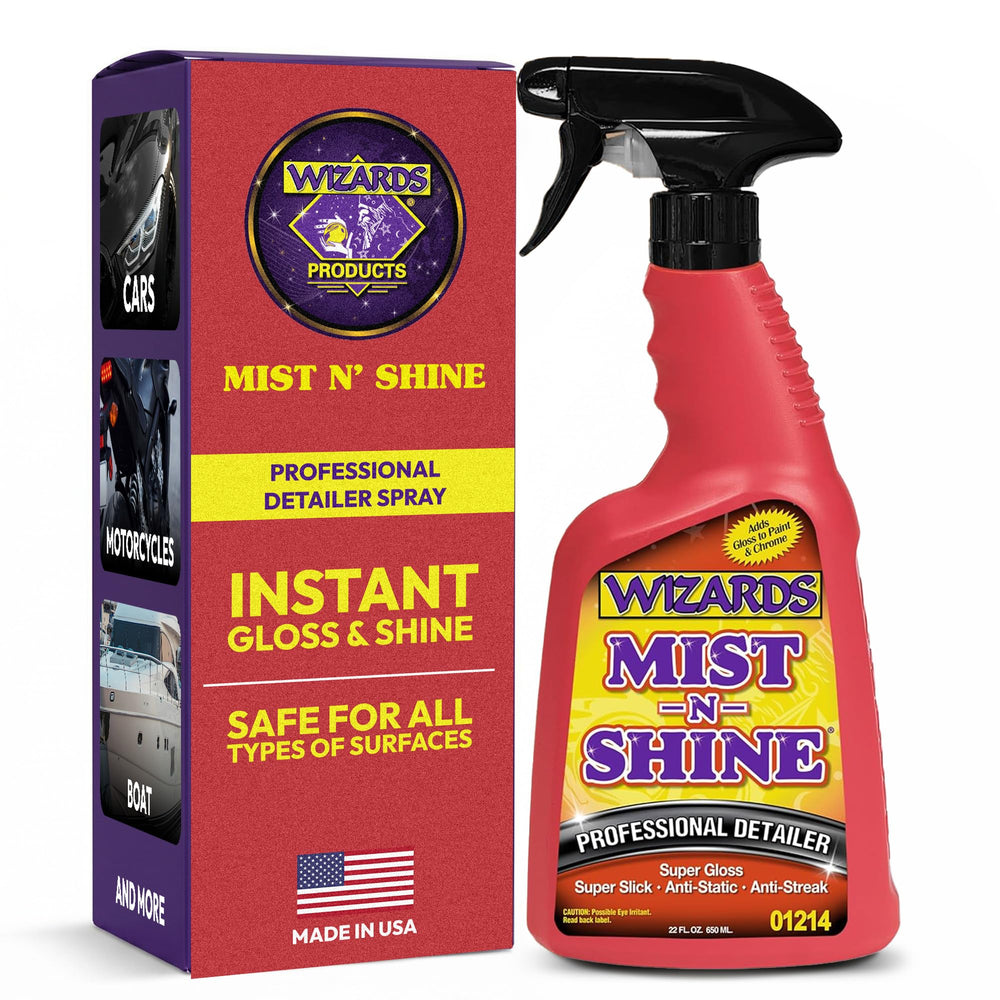 Wizards Mist-N-Shine front label showing product name and size, clear branding benefit