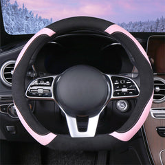 WJMZ front view of black with pink steering wheel cover showcasing fit and style