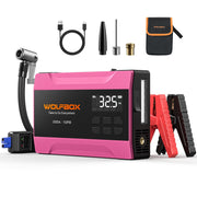 WOLFBOX front view with clamps showing compact jump starter benefit