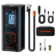 WOLFBOX inflator front view showing compact design and handle benefit portability