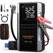 WOLFBOX MV24A front view showing compact booster and ports for quick roadside power